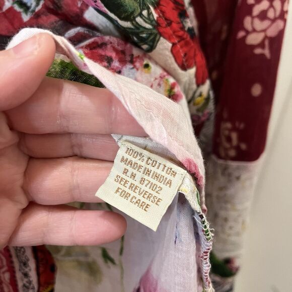 Magazine Floral Sheer Boho Red Blue V Neck Blouse Top Size M Roll Tab Sleeve - Picture 6 of 13